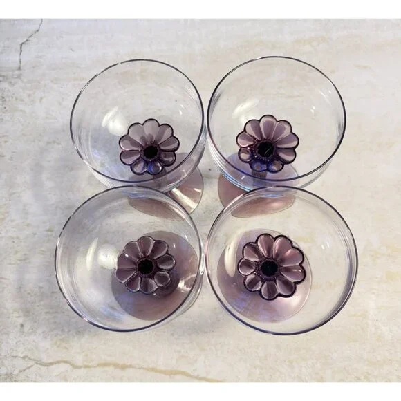 Set Of 4 Vtg. Fostoria Corsage Plum Purple Flower Stem Crystal Champagne Glasses